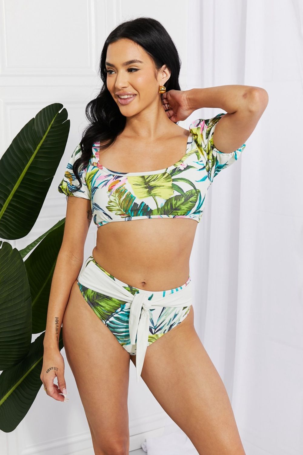 PUFF SLEEVE FLORAL BIKINI TWO-PIECE