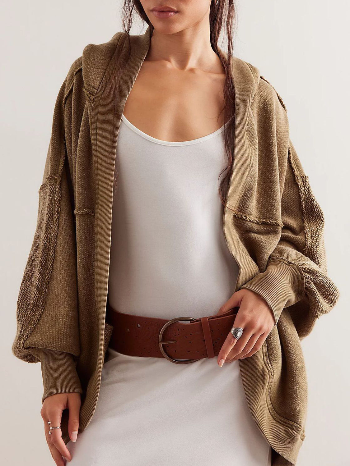 COASTAL DRIFT EXPOSED SEAM BATWING HOODED CARDIGAN