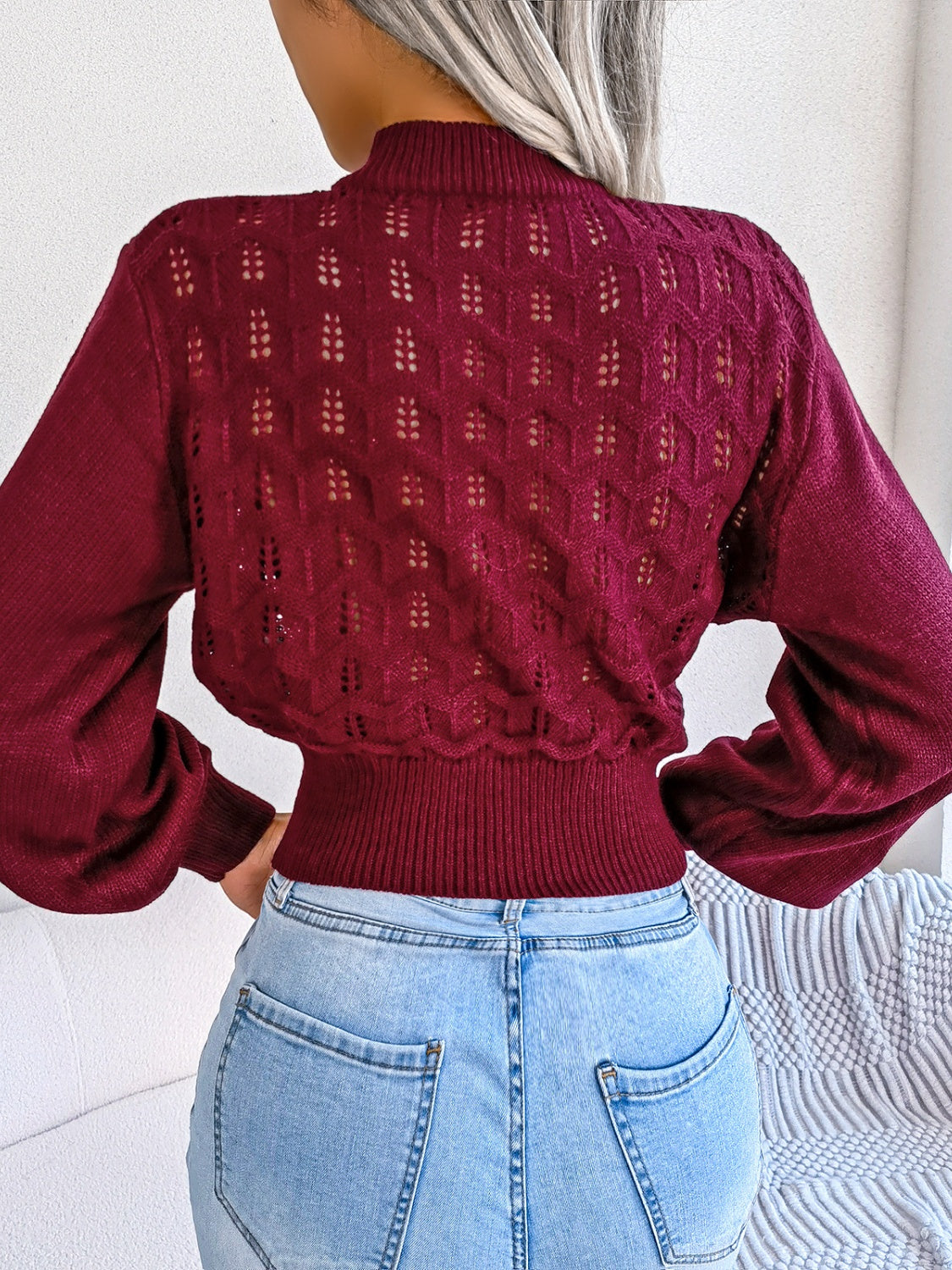 BEACHY-WINTER OPENWORK LONG SLEEVE CROPPED SWEATER