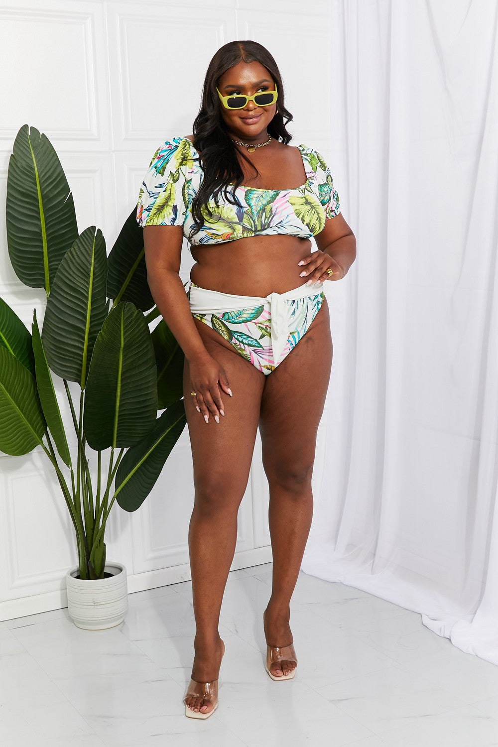 PUFF SLEEVE FLORAL BIKINI TWO-PIECE