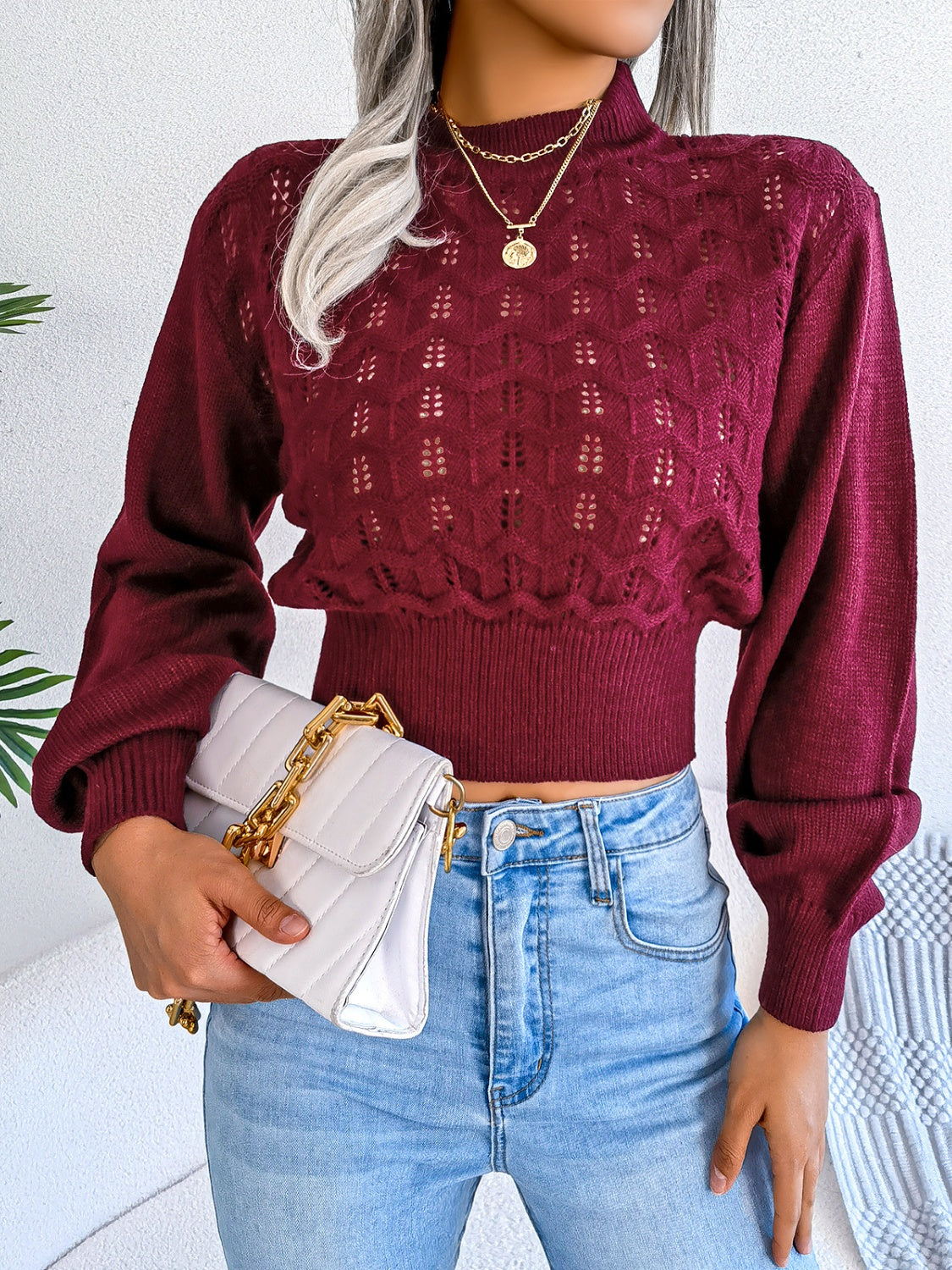 BEACHY-WINTER OPENWORK LONG SLEEVE CROPPED SWEATER