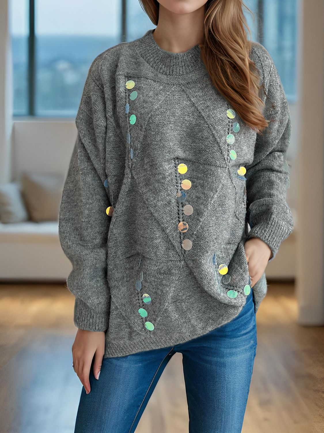 STARRY NIGHTS SEQUIN SWEATER MOCK NECK LONG SLEEVE