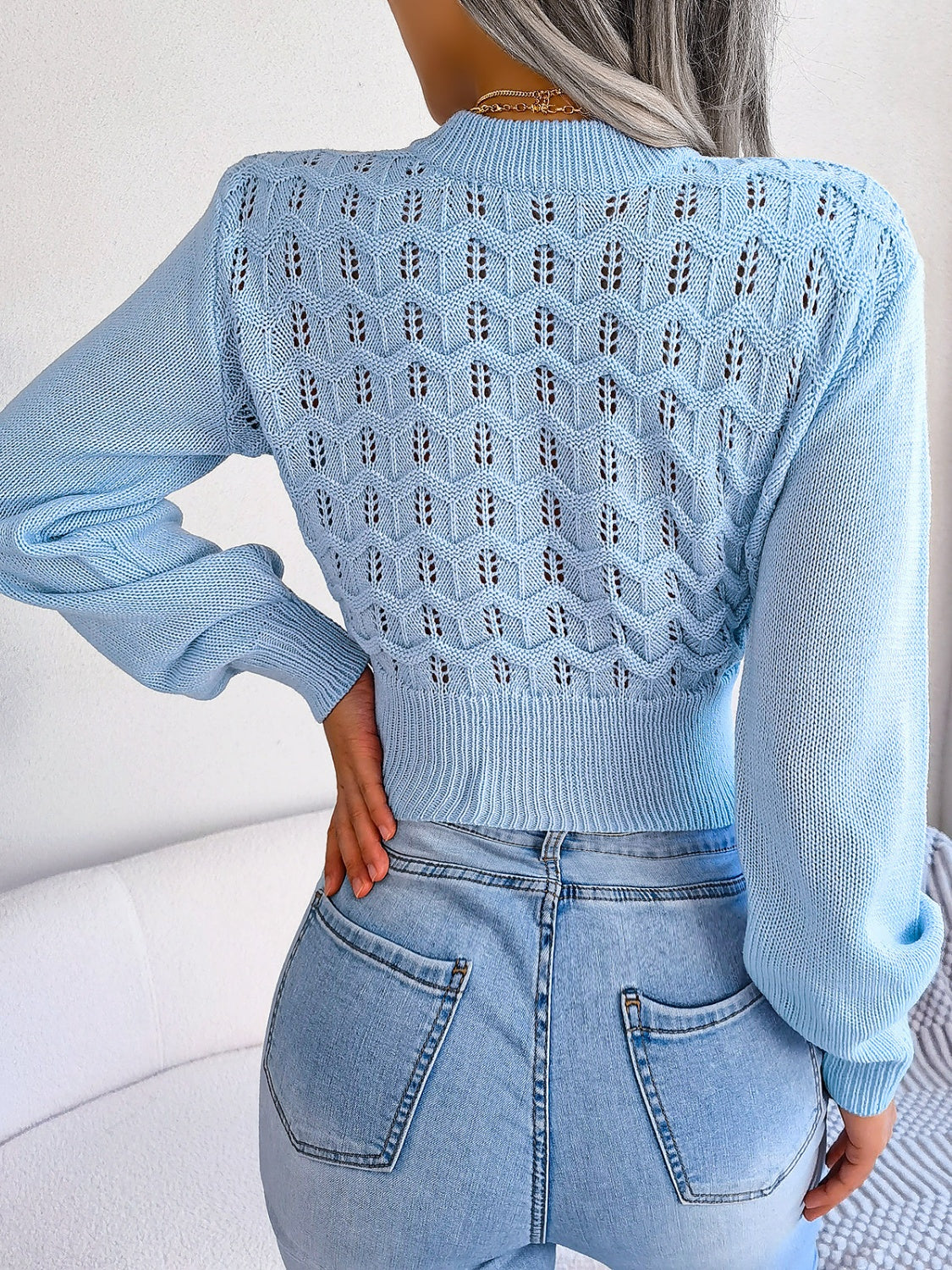 BEACHY-WINTER OPENWORK LONG SLEEVE CROPPED SWEATER