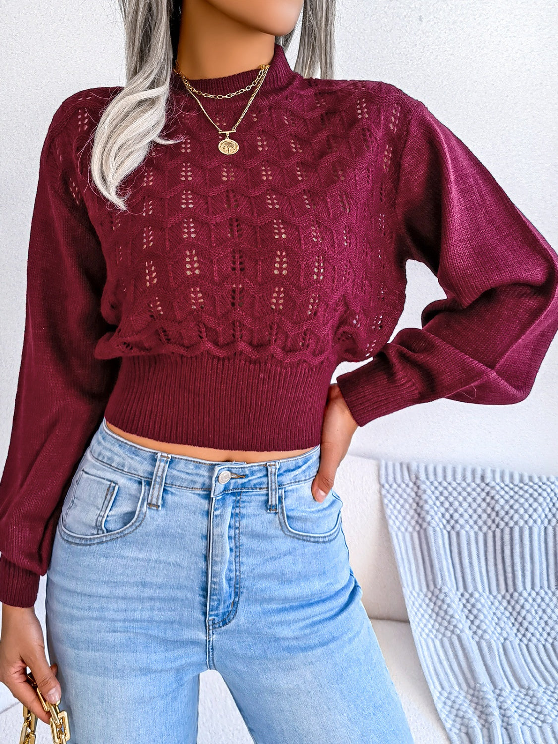 BEACHY-WINTER OPENWORK LONG SLEEVE CROPPED SWEATER