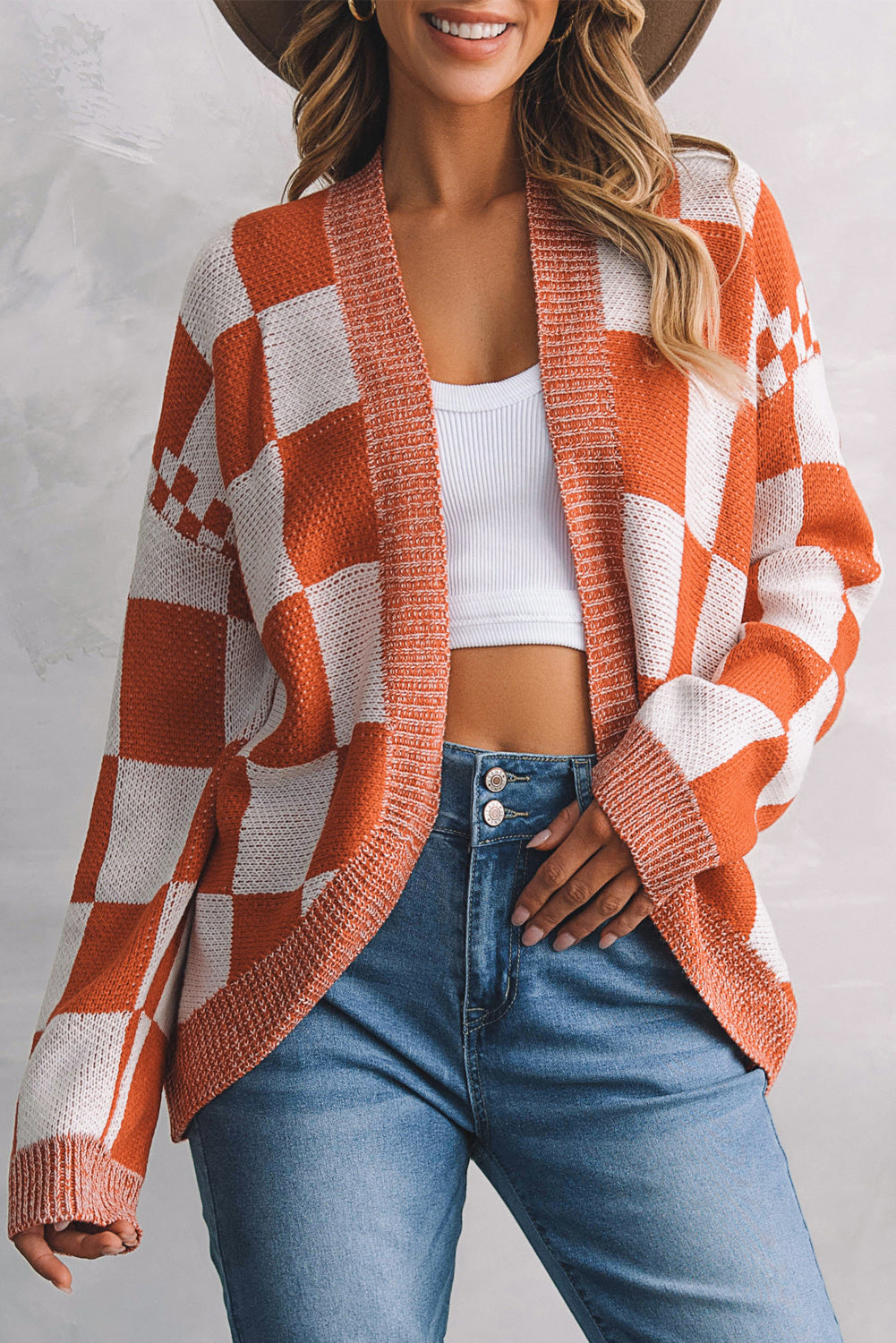 CANYON SKIES CHECKERBOARD DROPPED SHOULDER CARDIGAN