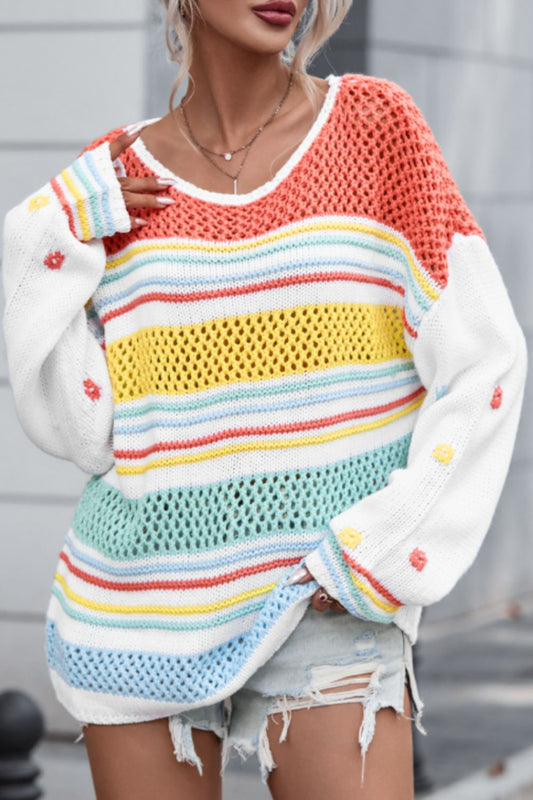 BEACH BREEZE OPENWORK STRIPED ROUND NECK SWEATER