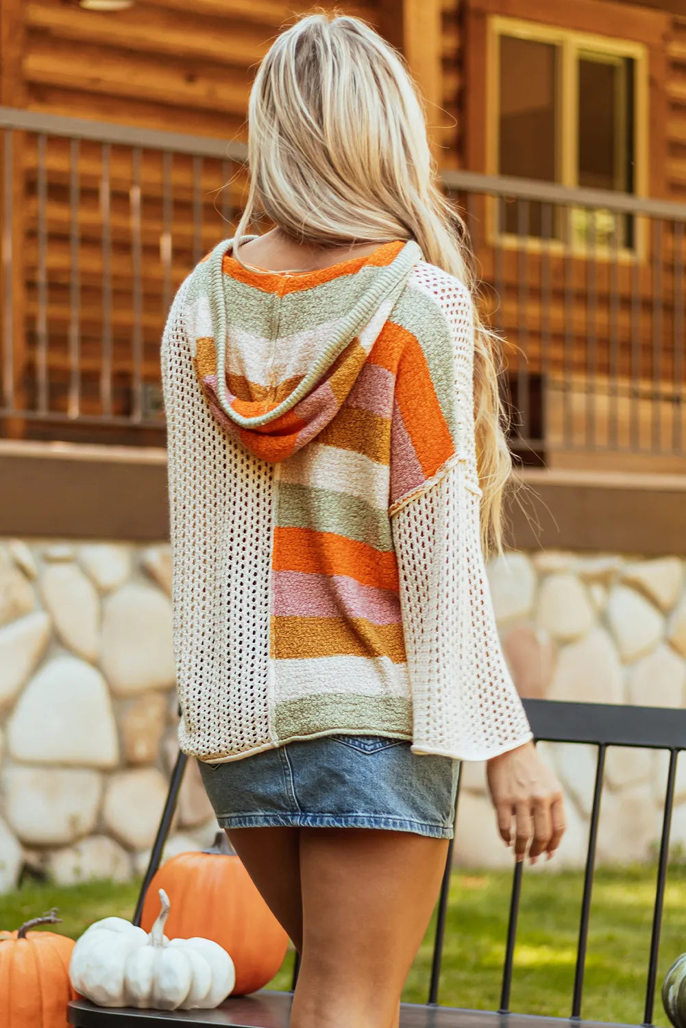 SOLSTICE SPLIT OPENWORK COLORBLOCK HOODED SWEATER