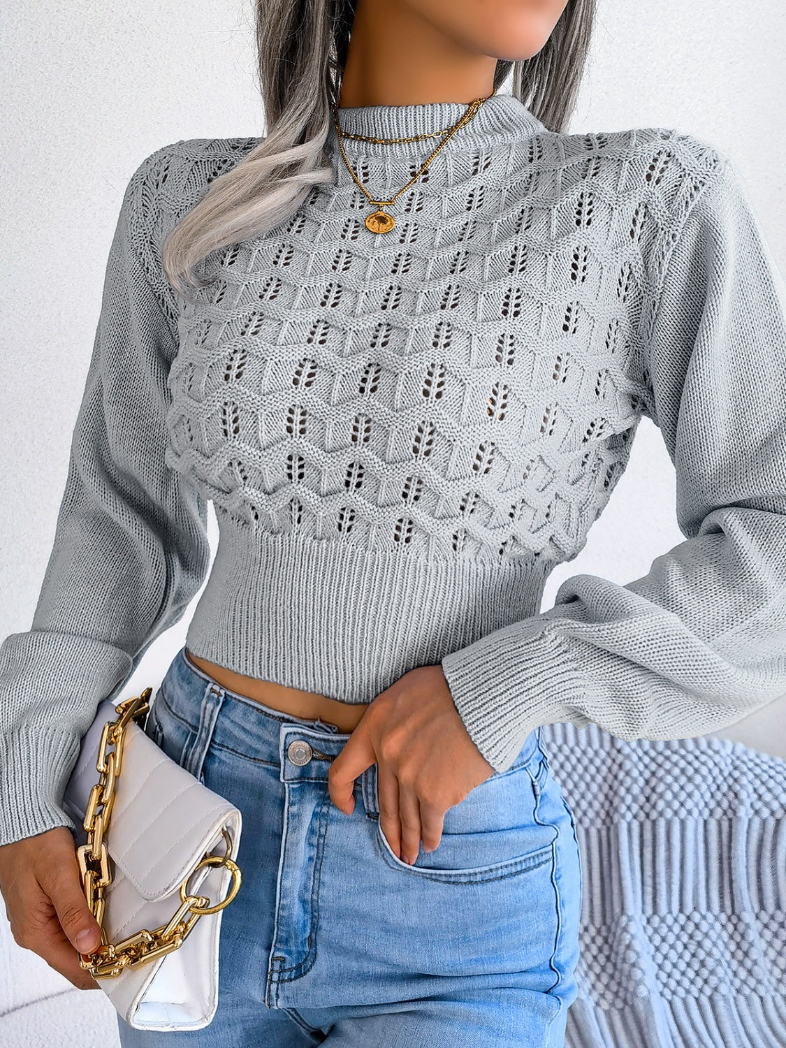 BEACHY-WINTER OPENWORK LONG SLEEVE CROPPED SWEATER