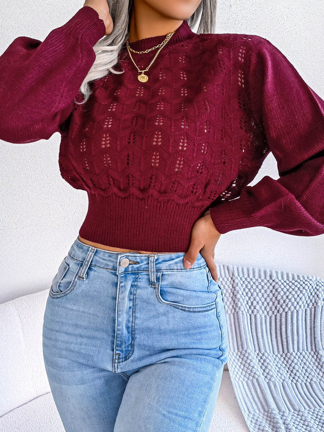 BEACHY-WINTER OPENWORK LONG SLEEVE CROPPED SWEATER