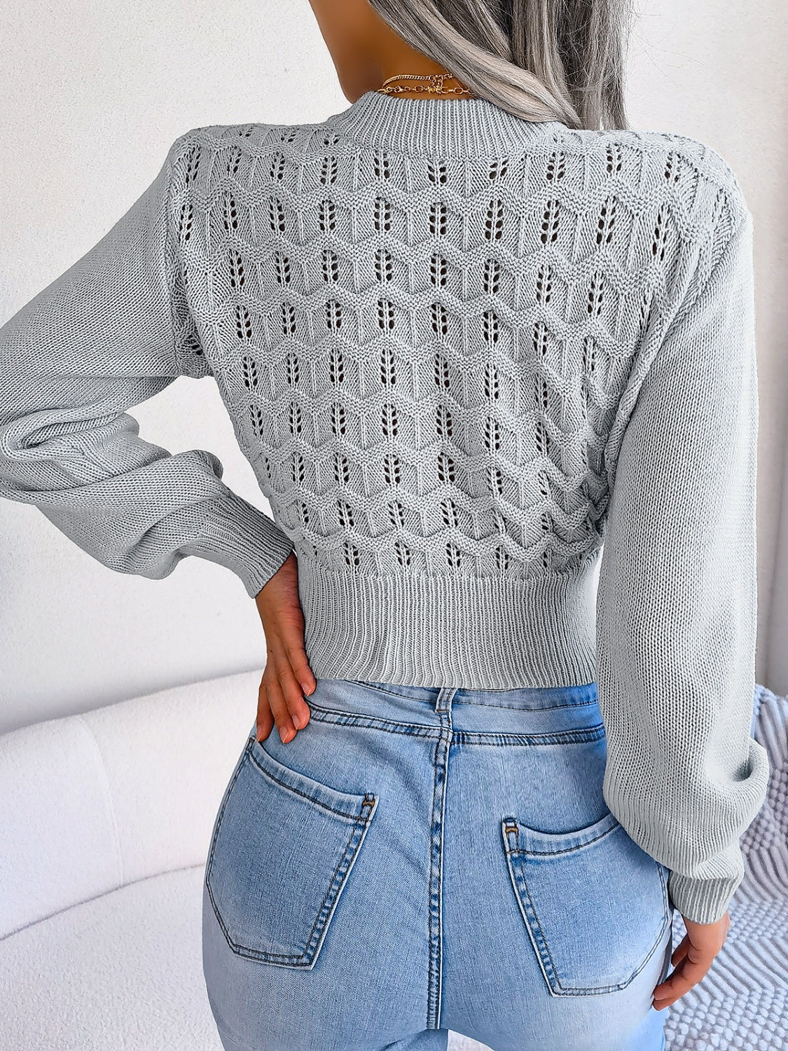 BEACHY-WINTER OPENWORK LONG SLEEVE CROPPED SWEATER