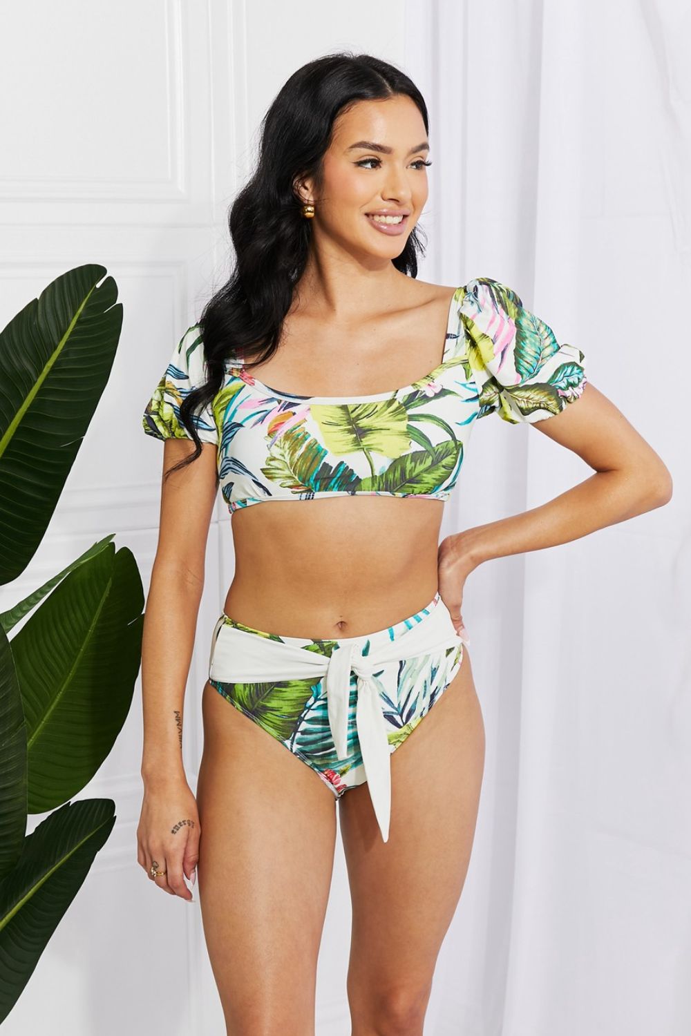 PUFF SLEEVE FLORAL BIKINI TWO-PIECE