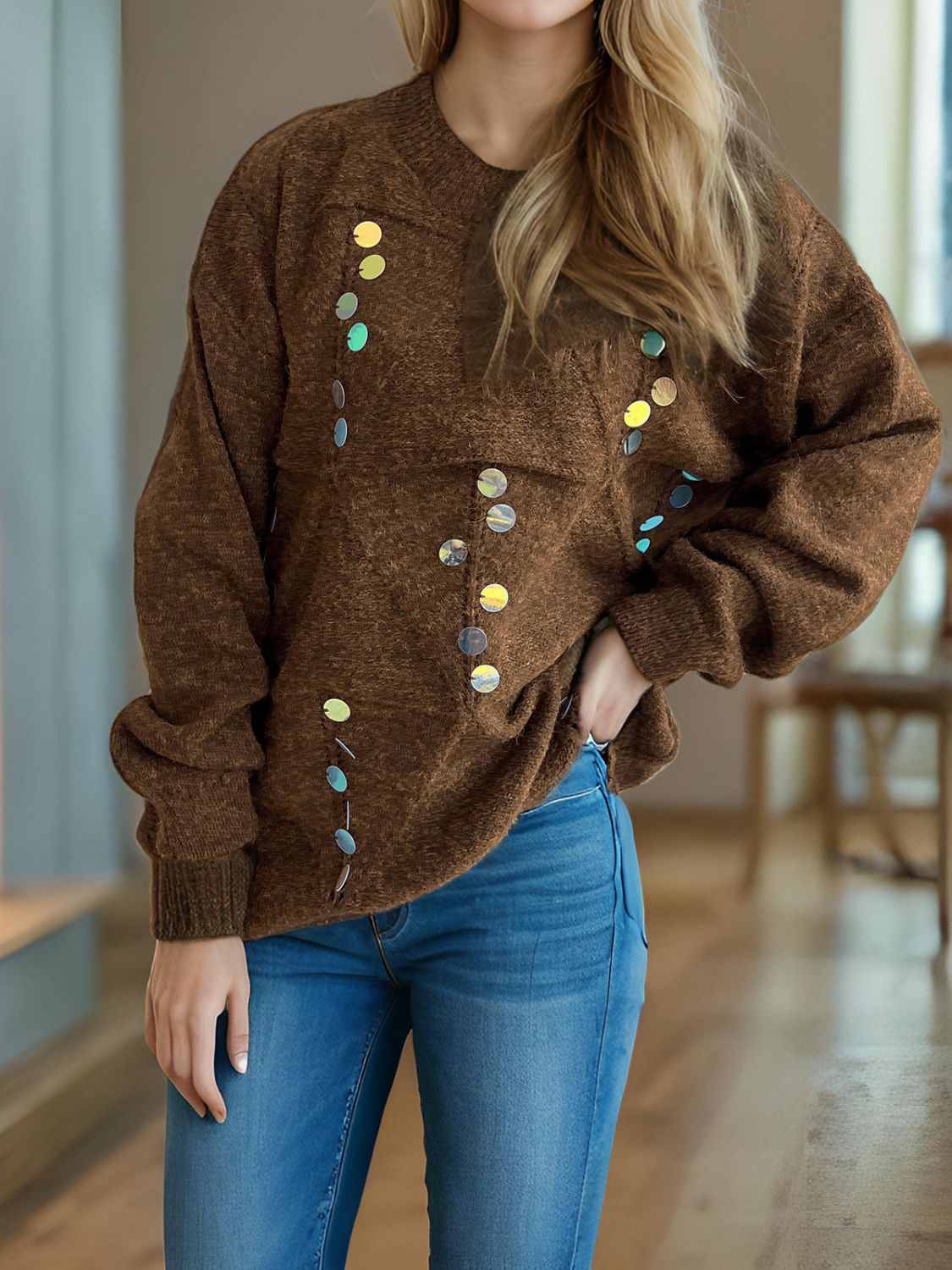 STARRY NIGHTS SEQUIN SWEATER MOCK NECK LONG SLEEVE