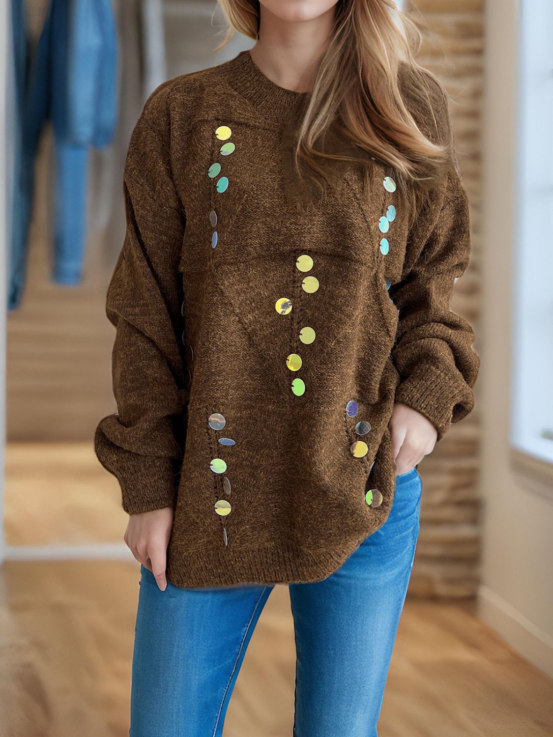 STARRY NIGHTS SEQUIN SWEATER MOCK NECK LONG SLEEVE