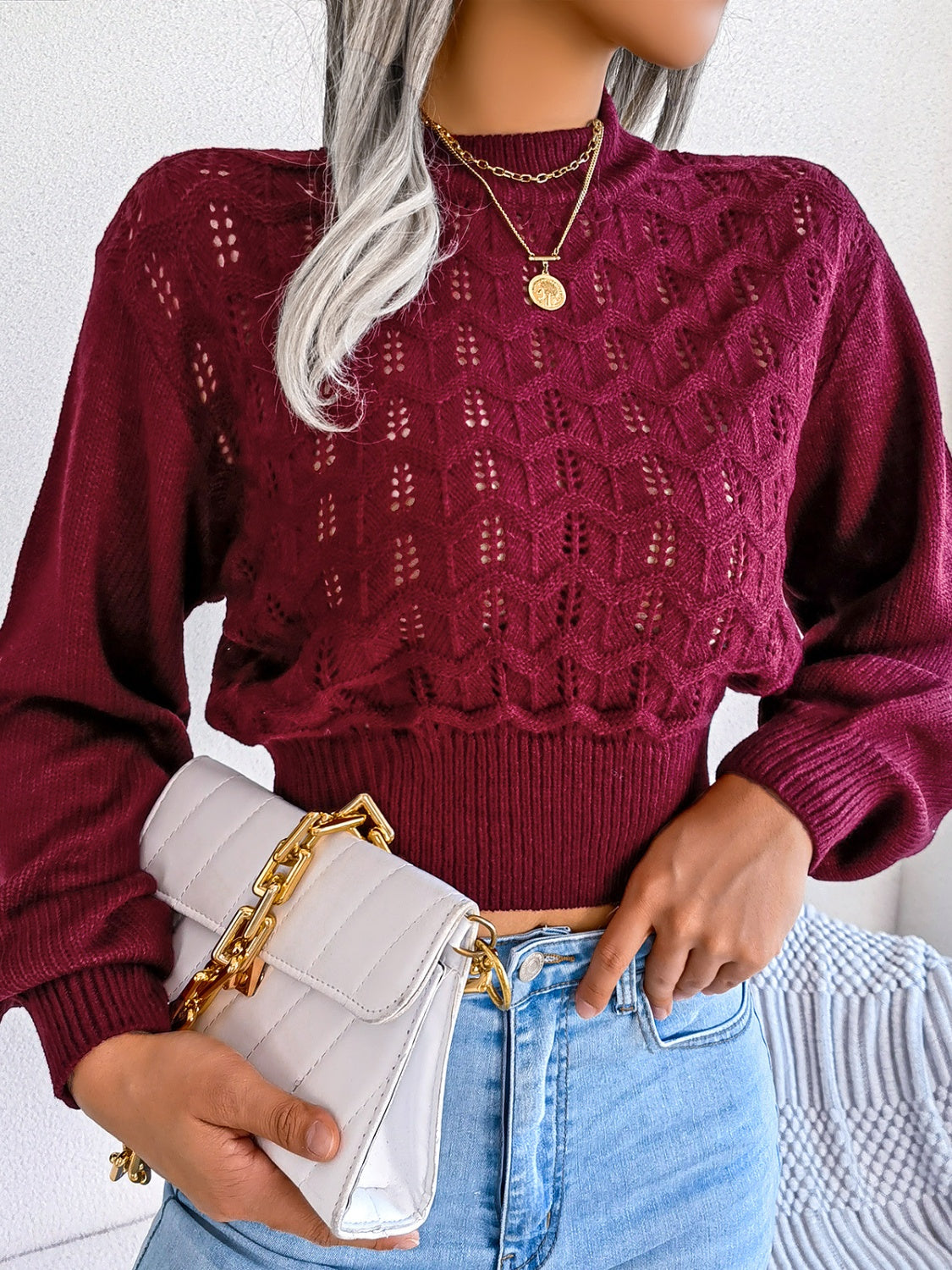 BEACHY-WINTER OPENWORK LONG SLEEVE CROPPED SWEATER