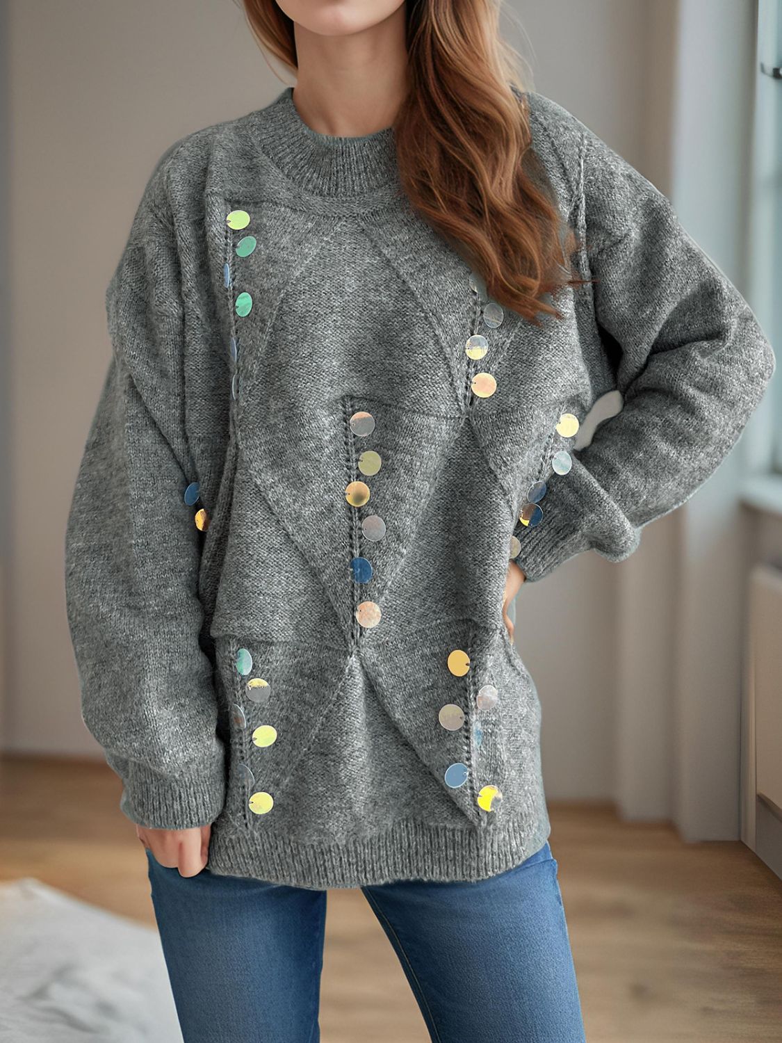 STARRY NIGHTS SEQUIN SWEATER MOCK NECK LONG SLEEVE