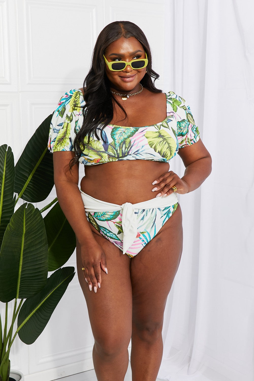 PUFF SLEEVE FLORAL BIKINI TWO-PIECE