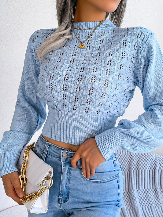 BEACHY-WINTER OPENWORK LONG SLEEVE CROPPED SWEATER